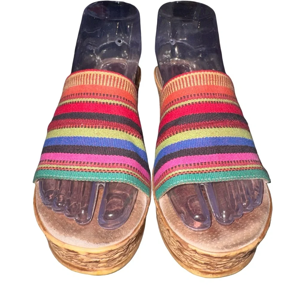 Sbicca Rainbow Striped Platform Wedge Slide Sandals Boho Festival Resort Mexico‎